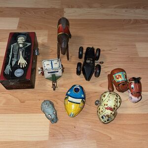 Vintage Tin Lithograph Toy Lot - 8 Pieces Coffin Bank Wind-Up Toys Animals AS-IS